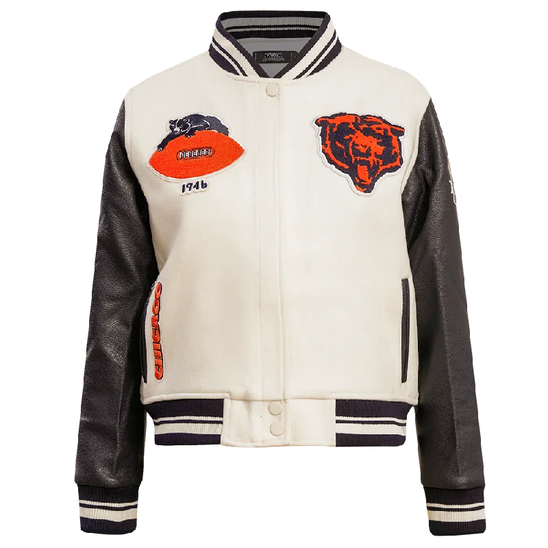 NFL CHICAGO BEARS RETRO CLASSIC WOMEN'S RIB WOOL VARSITY JACKET (EGGSHELL/ MIDNIGHT NAVY)