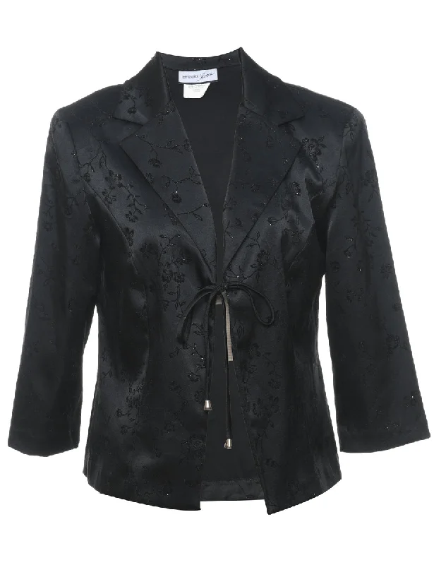 Floral Pattern Black Sparkly Evening Jacket - M