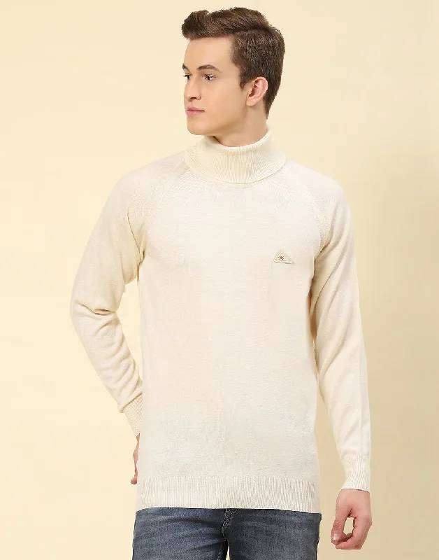 Men Cream Solid High Neck Full Sleeve Pullover