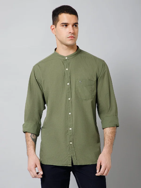 Men's Olive Green Casual Plain Full Sleeve Shirt