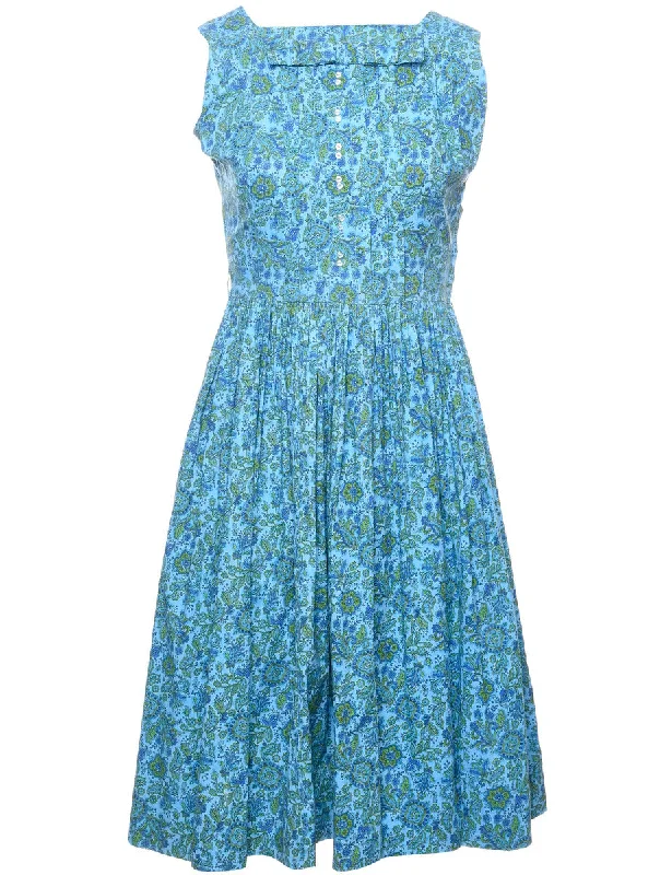 Floral Print Vintage Blue & Green 1950s Dress - M