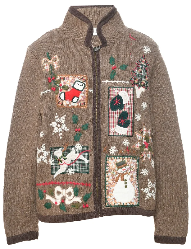 Festive Print Christmas Cardigan - S