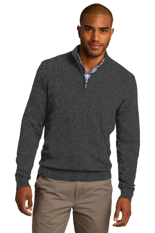 Port Authority Mens Long Sleeve 1/4 Zip Sweater - Heather Charcoal Grey - Closeout