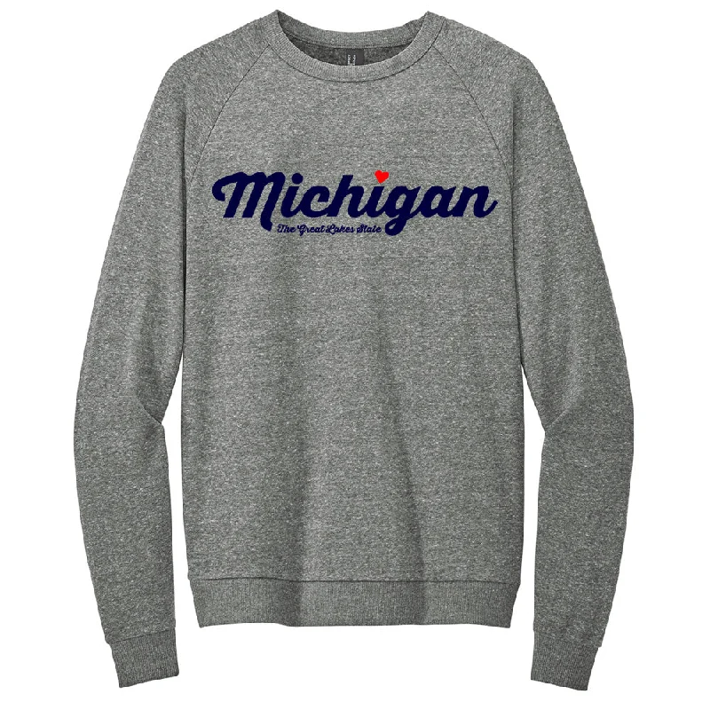 Michigan Thirsty Script Heart Triblend Crew Sweatshirt