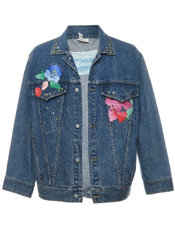 Floral Pattern Embellished Denim Jacket - L