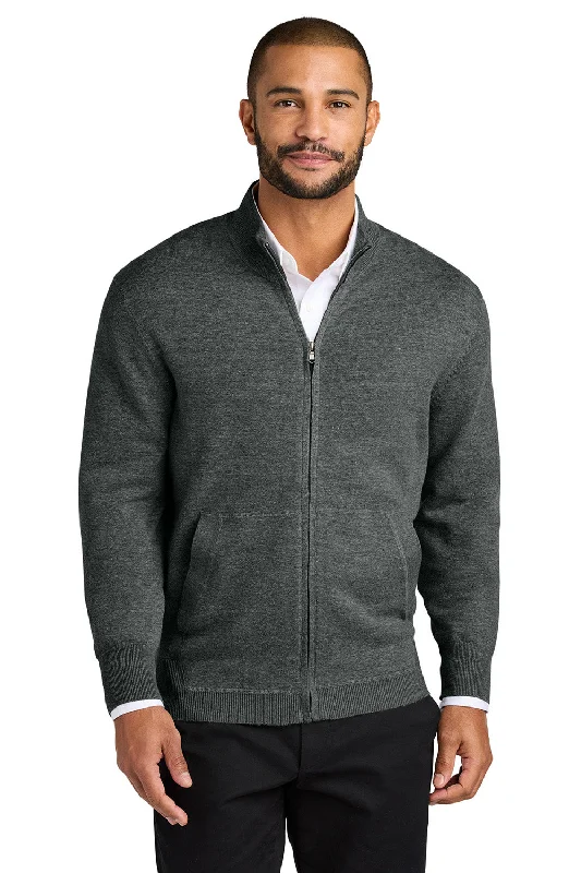 Port Authority Mens Easy Care Long Sleeve Full Zip Sweater w/ Pockets - Heather Charcoal Grey - New