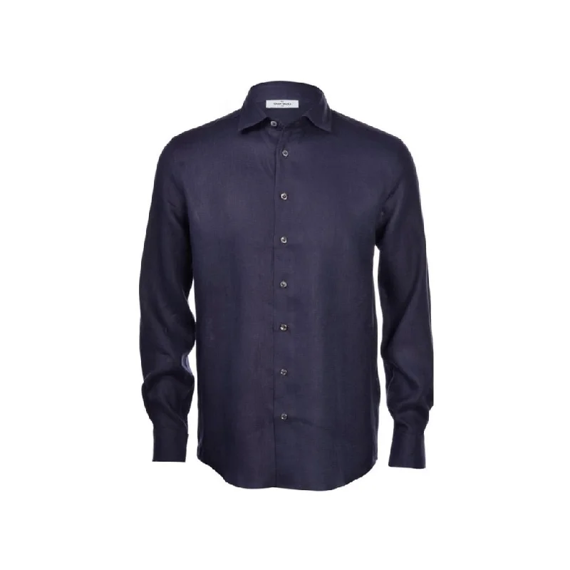 GRAN SASSO Linen Button Down Long Sleeve Shirt NAVY