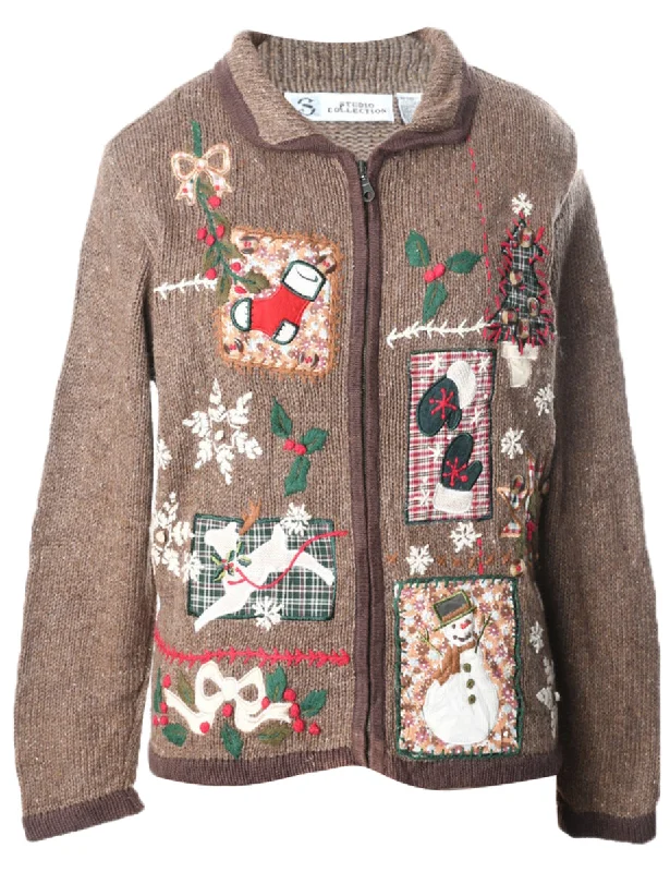 Festive Print Christmas Cardigan - L