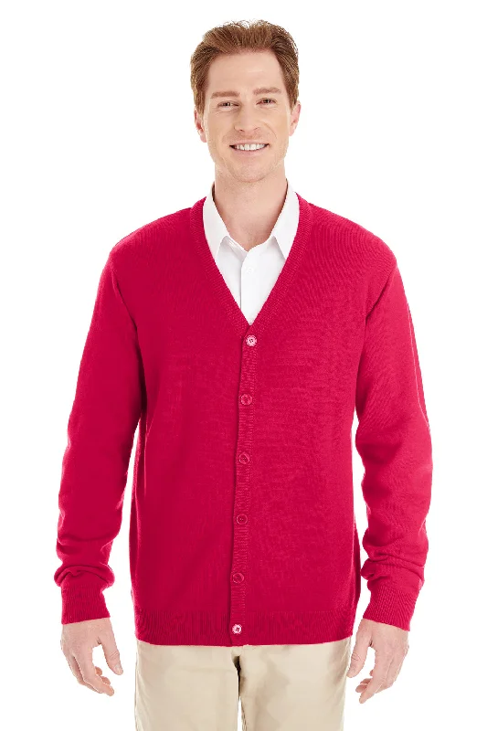 Harriton Mens Pilbloc Pill Resistant Button Down Long Sleeve Cardigan Sweater - Red