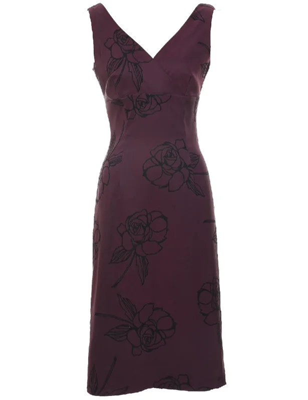 Floral Print Black & Plum Evening Dress - M