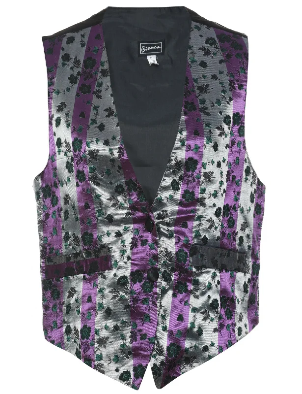 Floral Pattern Black & Purple Shiny Metallic Waistcoat - M