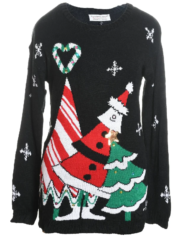 Festive Design Black Knit Christmas Jumper - S