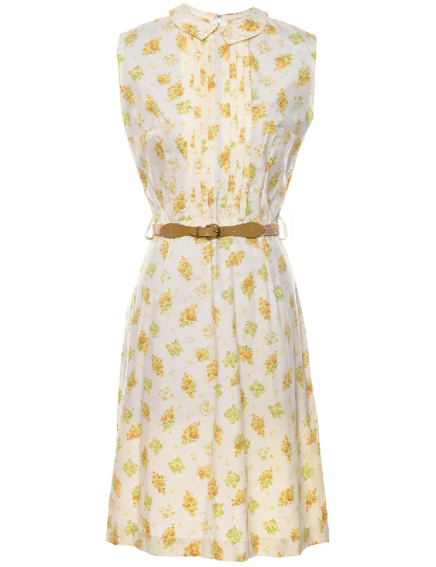 Floral Print White & Yellow 1950s Dress - XS