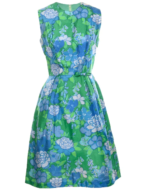 Floral Print 1960s Blue & Green Dress - M