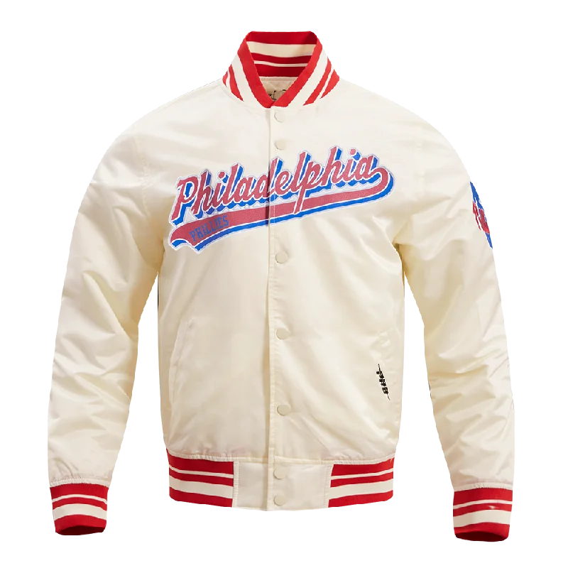 MLB PHILADELPHIA PHILLIES SCRIPT TAIL MEN'S SATIN JACKET (EGGSHELL/ RED)