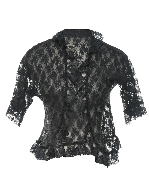 Frilled Lace Black Evening Jacket - S