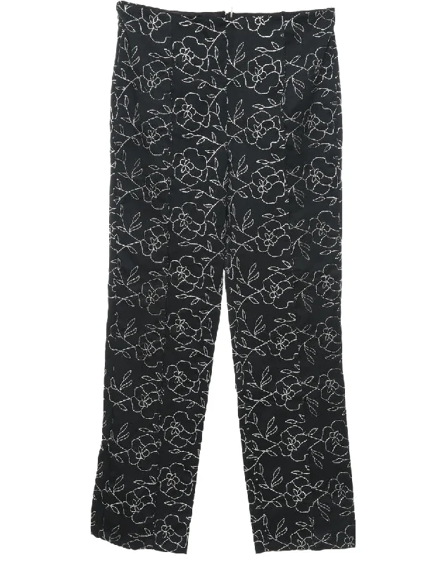 Floral Print Black & White Illustrated Trousers - W32 L32