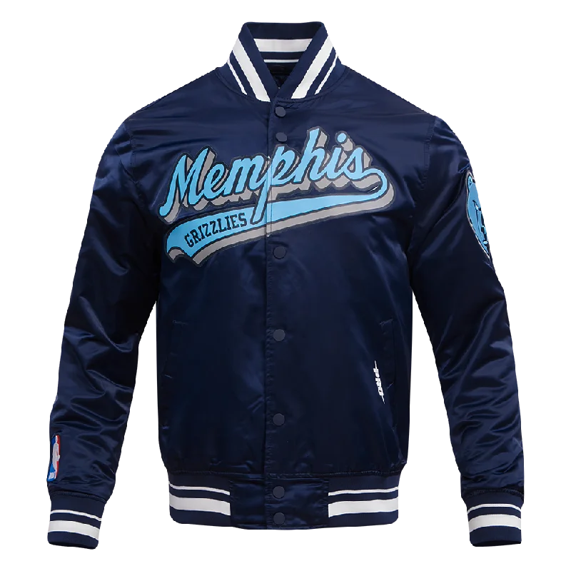 NBA MEMPHIS GRIZZLIES SCRIPT TAIL MEN'S RIB SATIN JACKET (MIDNIGHT NAVY)