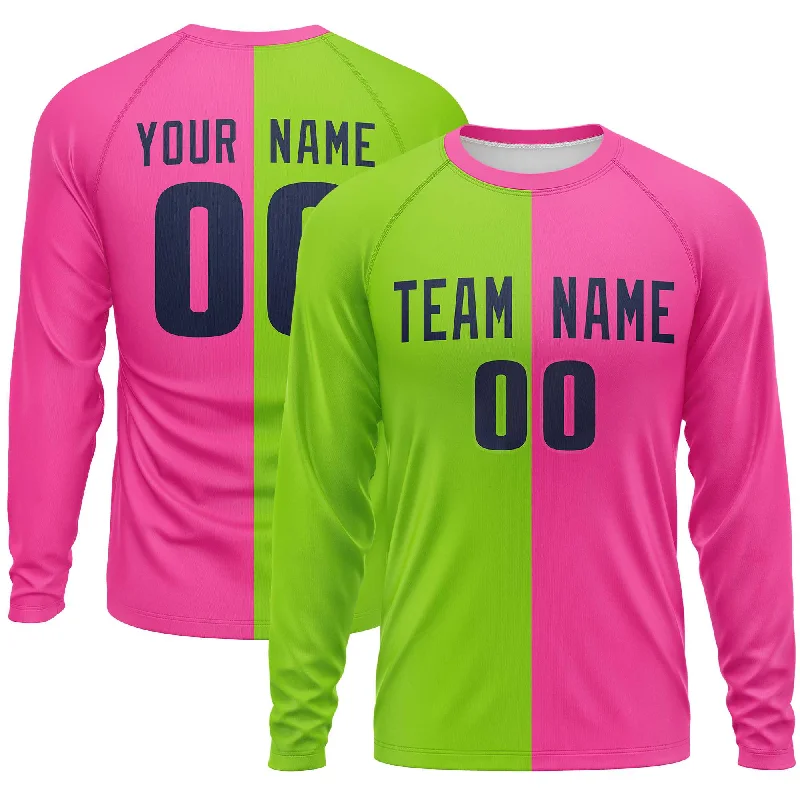 Custom Neon Green Pink Crew Neck Split Design Long Sleeve Performance T-Shirt