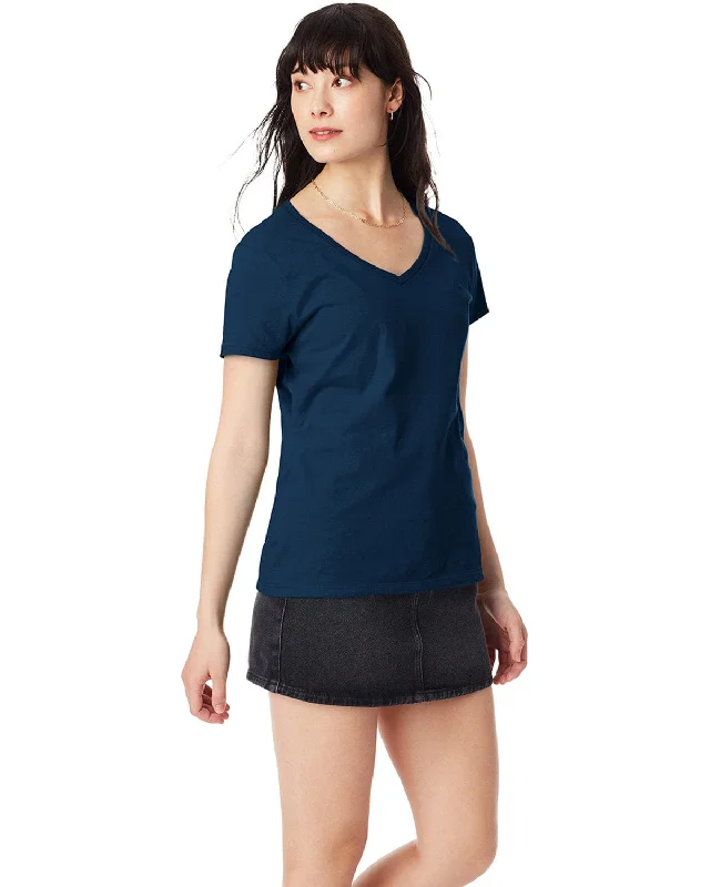 Hanes Ladies Ringspun Cotton Nano V-Neck T-Shirt | Navy